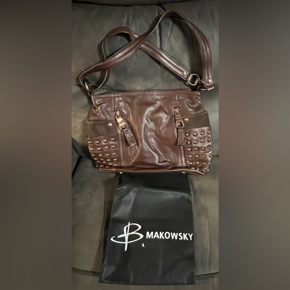 B Makowsky Burgundy Rose Gold Studded‎ Glove Genuine Leather Purse/Crossbody